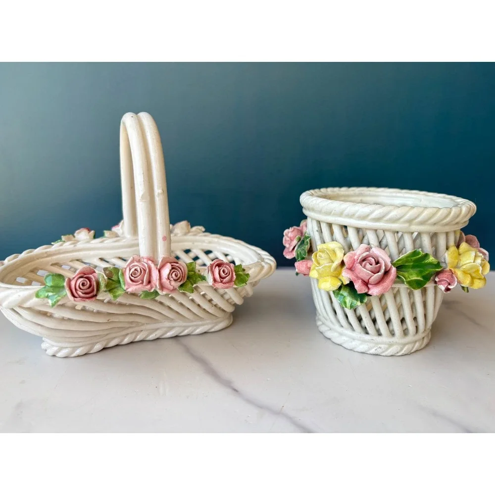 Vintage Italian Ceramic Woven Lattice Baskets Pink Yellow Roses Set of 2 Italy